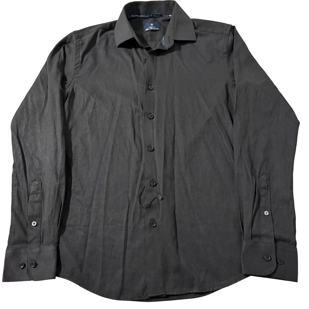 Ben Sherman Mens Slim Fit Button Down Shirt Black Long Sleeve Cotton‎ Blend S